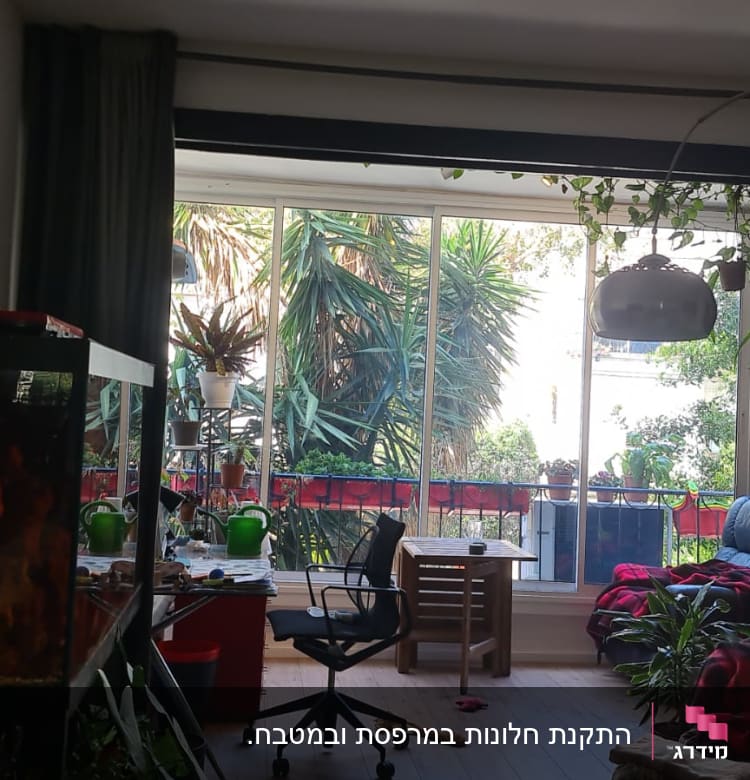 חלון אלומיניום גדול עם צמחייה בחוץ